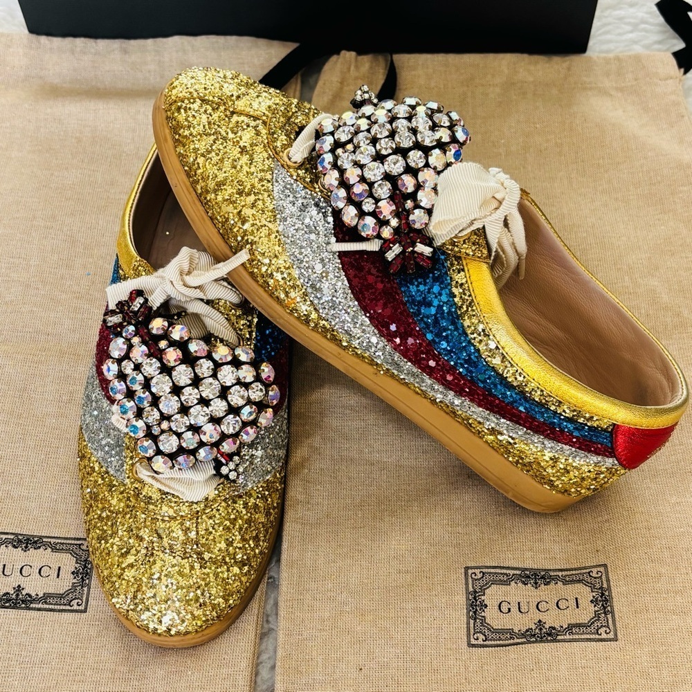 Gucci 494609 Multicolor Glitters Heart Rhinestones Sneakers Shoes w/ Dustbag/box